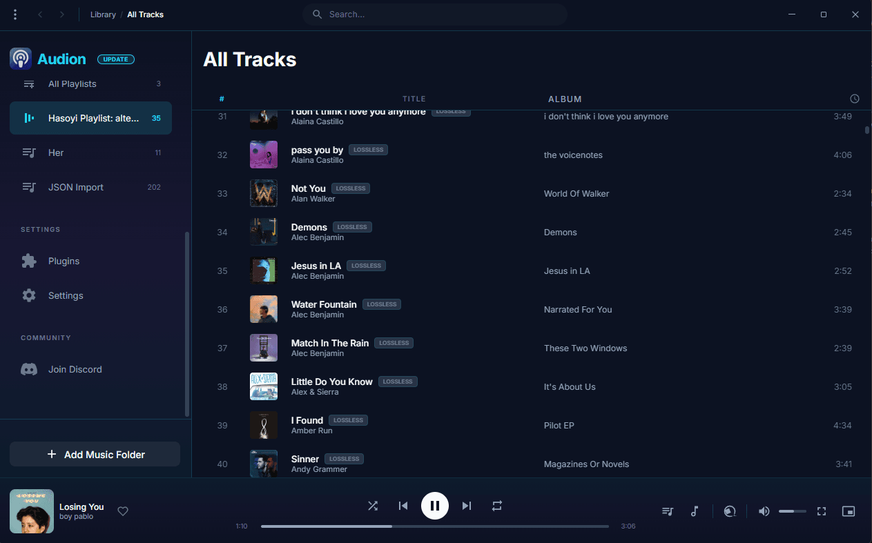 Audion player showing local library playback and album artwork